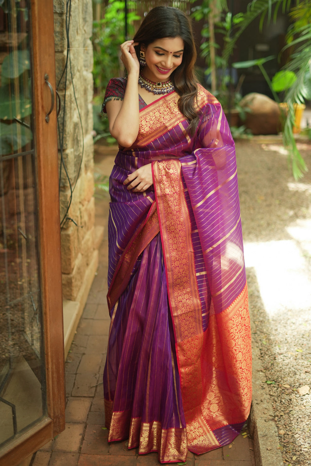 Purple and maroon dual tone striped chanderi silk saree