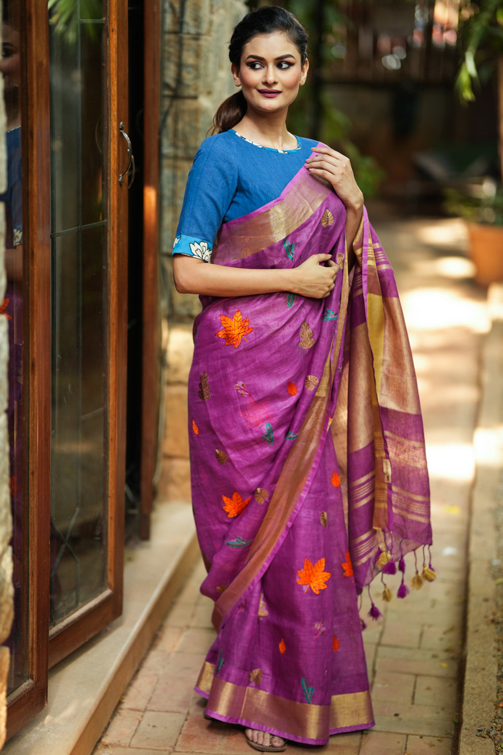 Light Purple Linen Saree with Embroidery