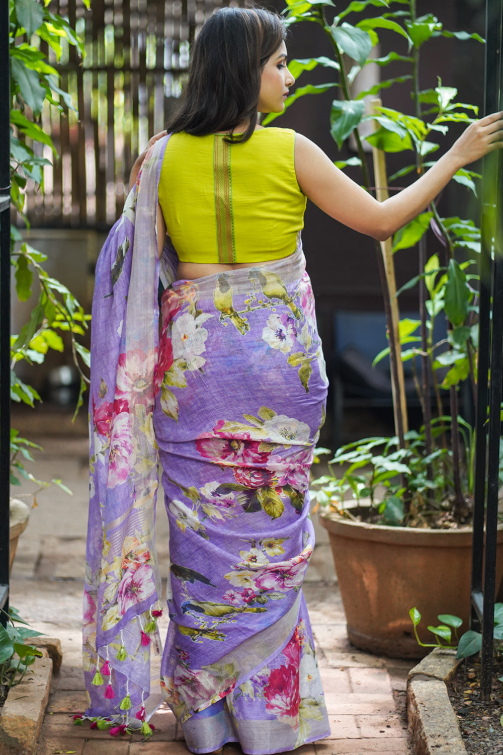 Lavender Linen Saree with Floral Digital Print