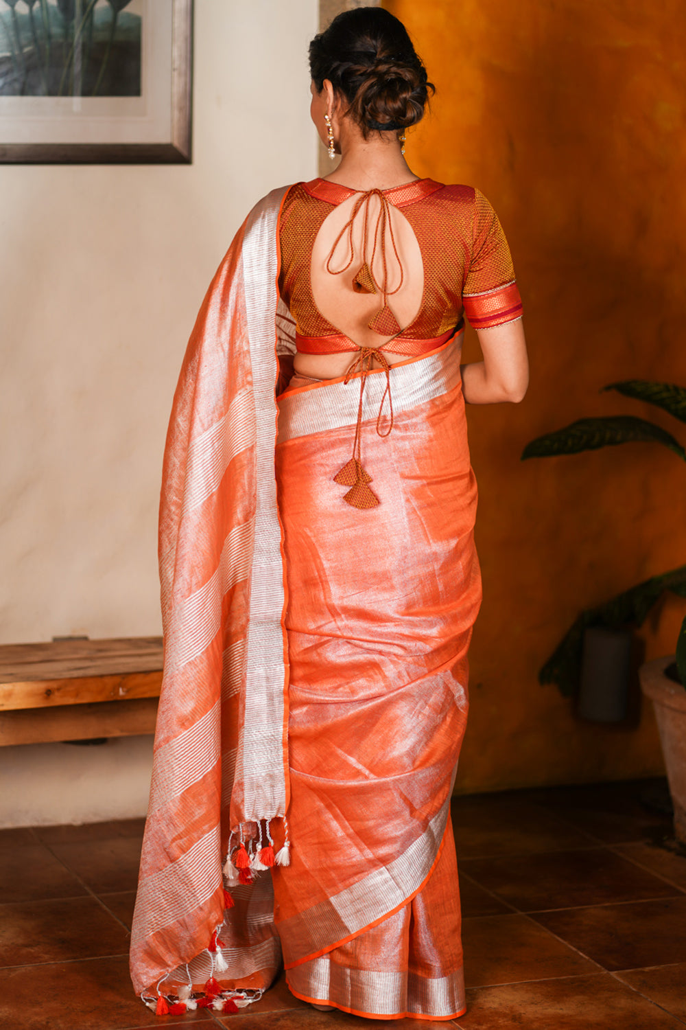 Burnt Orange and Silver Tissue by Linen Saree