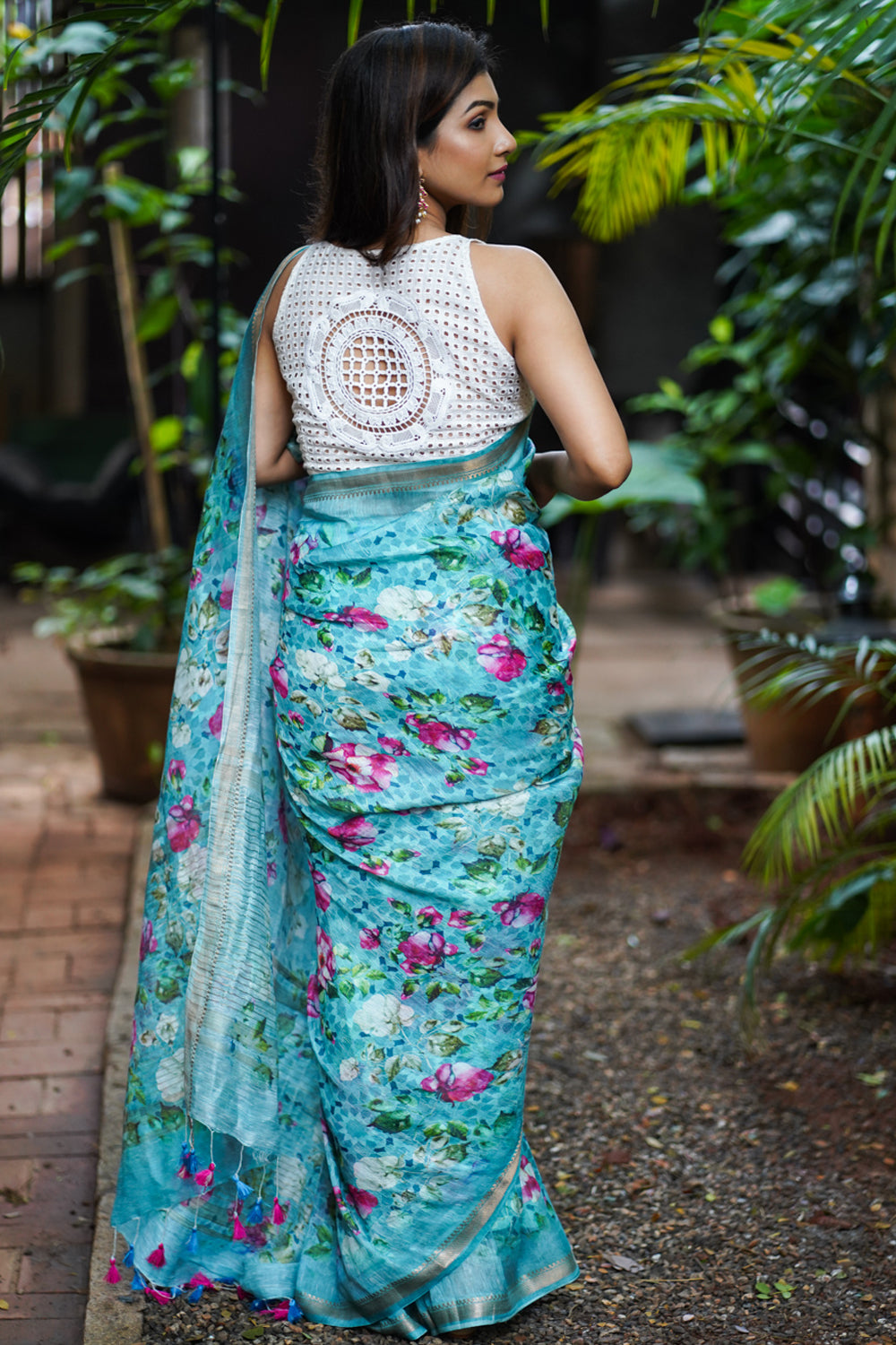 Blue Silk Linen Saree with Floral Digital Print