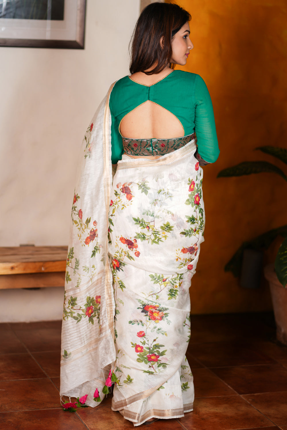 Off White Linen Saree with Floral Digital Print