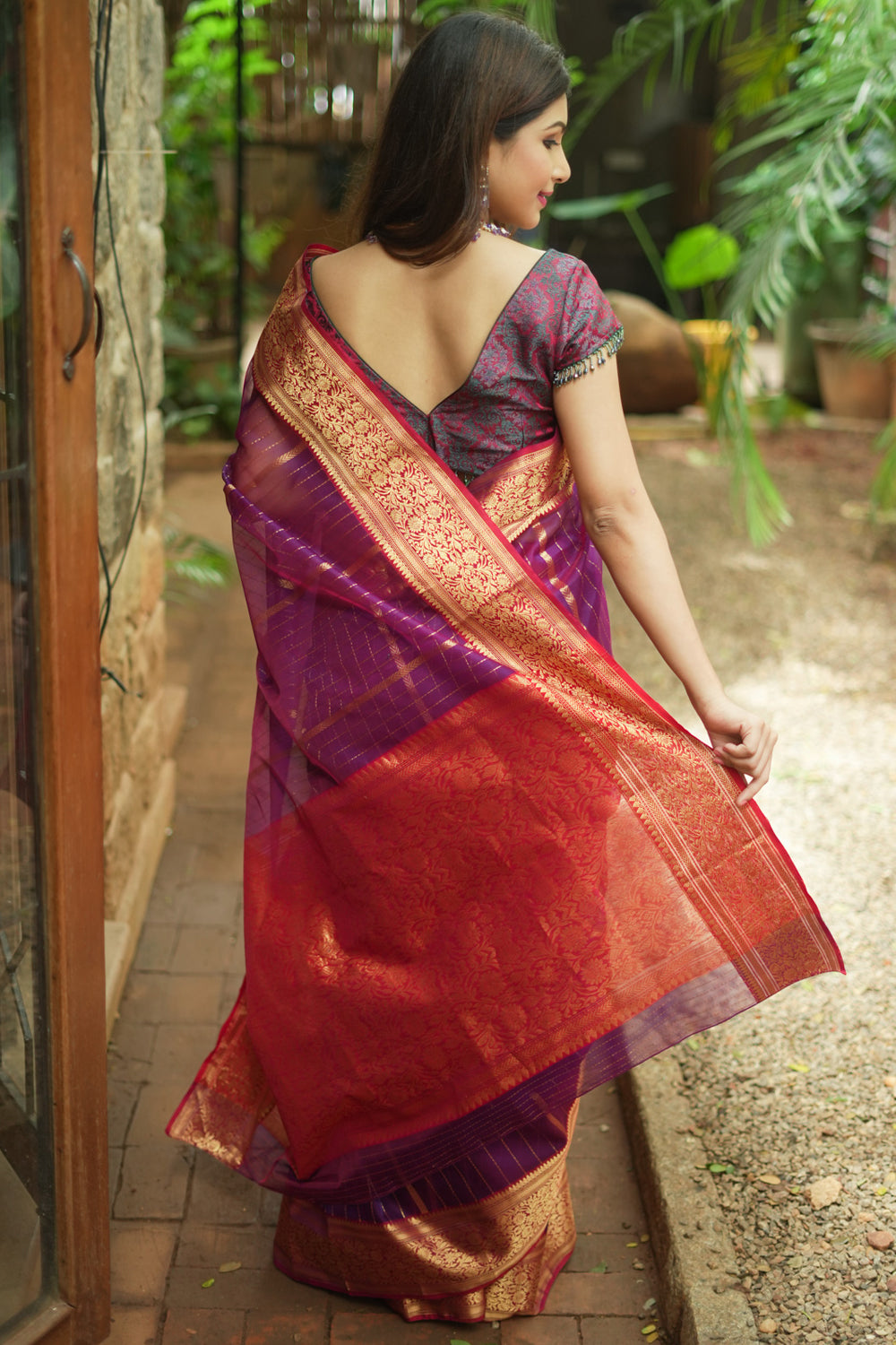 Purple and maroon dual tone striped chanderi silk saree