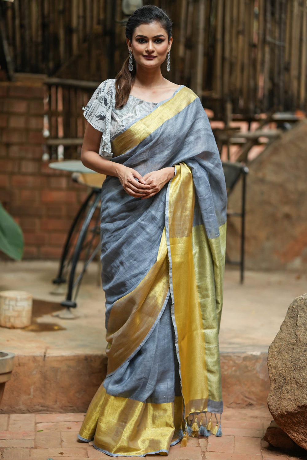 Grey Linen Saree with Gold Border