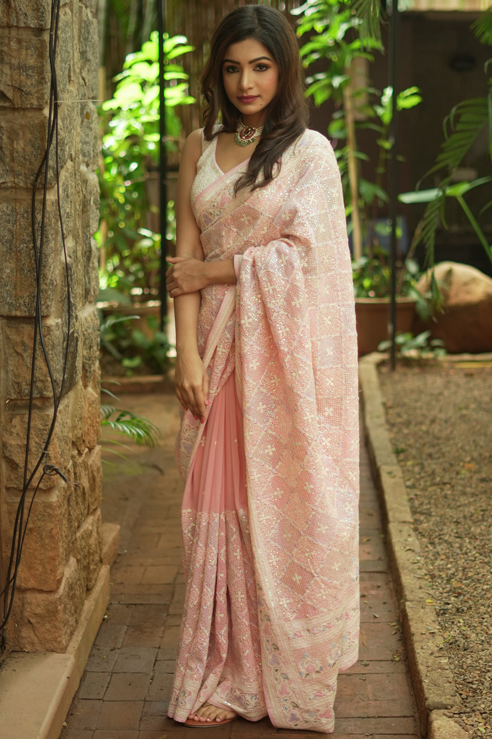 Peach chickankari with multicolour sequin work georgette saree