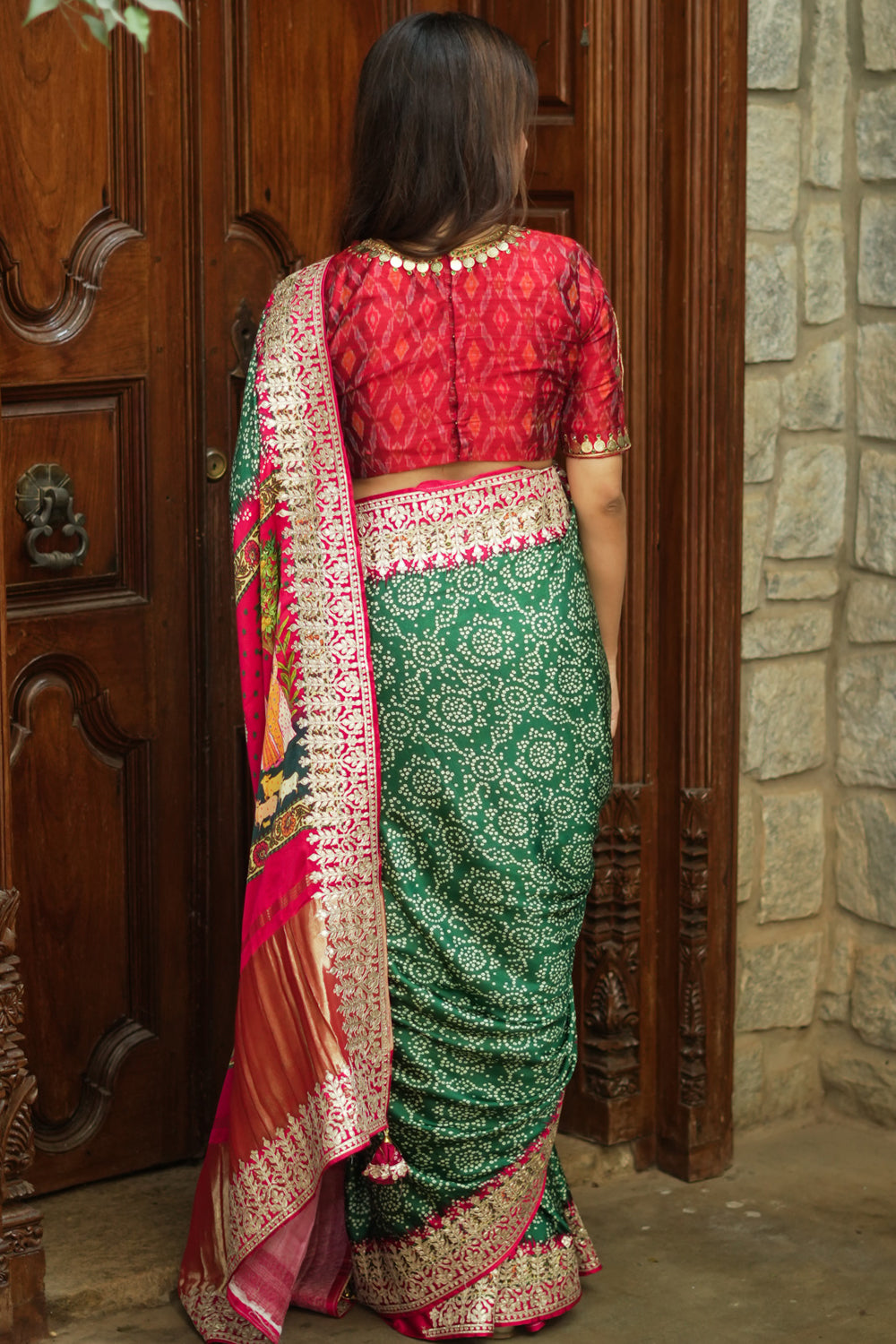 Gajji Silk Saree with Bandhni and Pichwai Print and Crushed Zari Border in Green