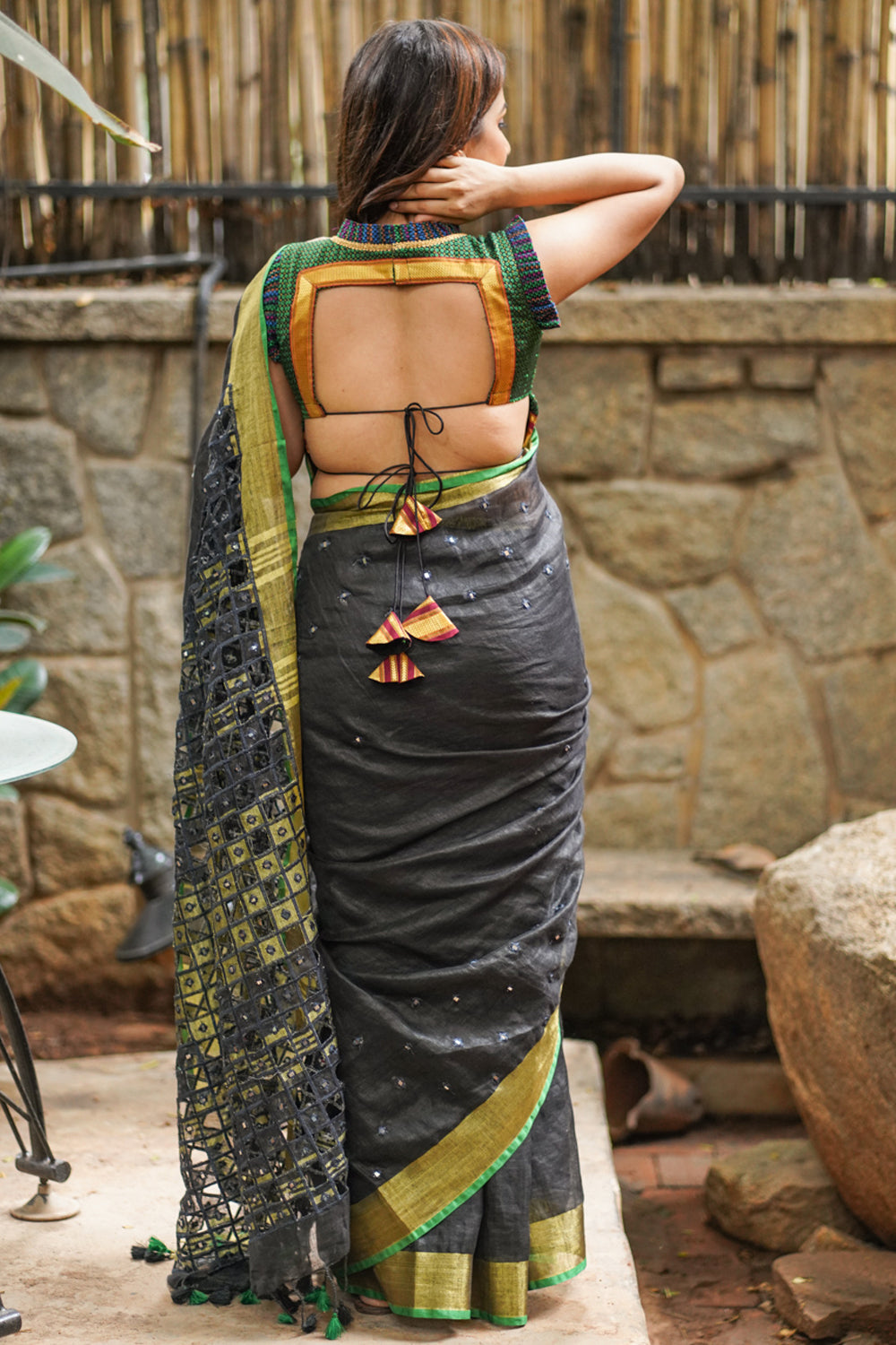 Cutwork Linen Saree in Black with Green borders