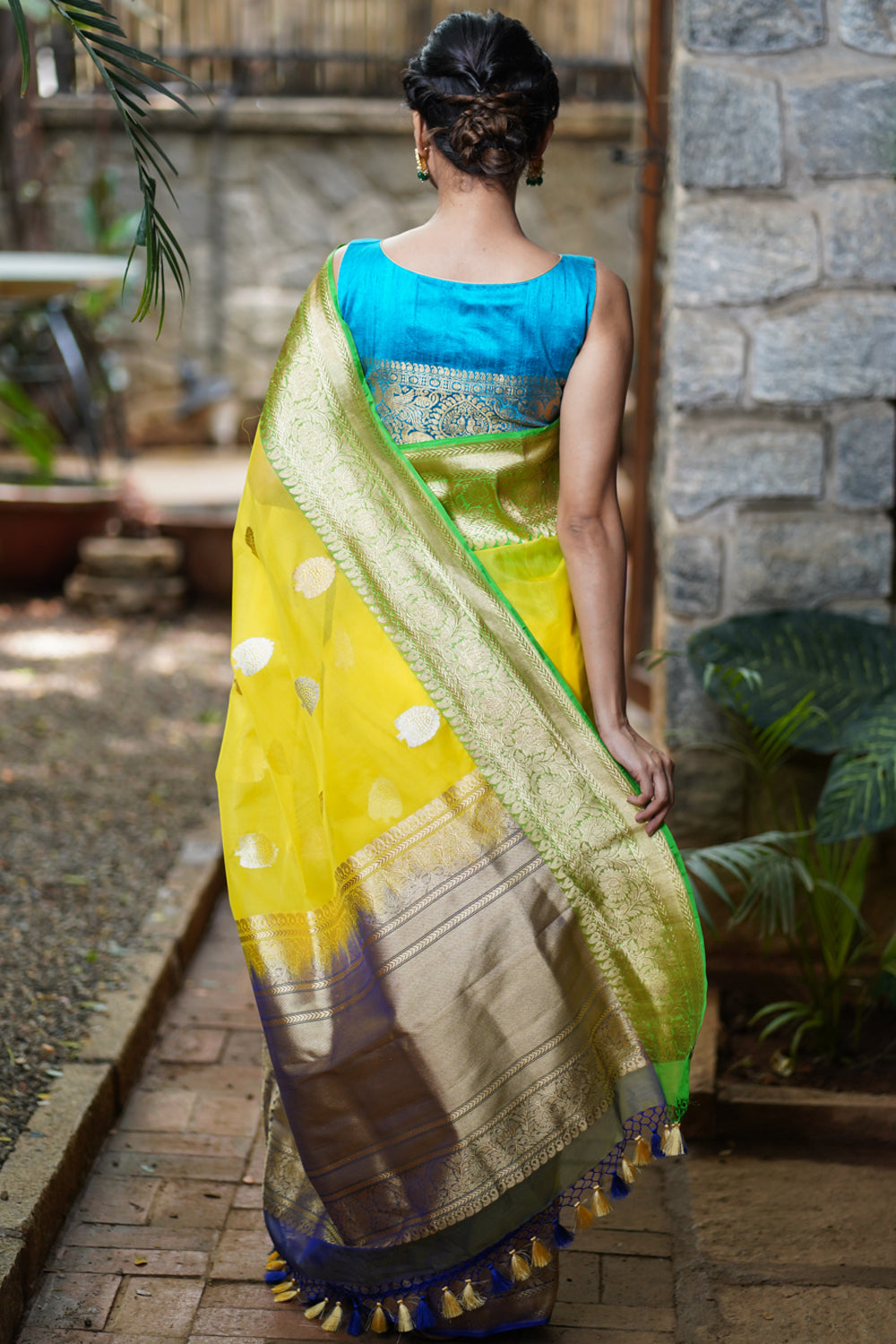 Banarasi Silk Organza Saree in Yellow with Ganga Jamuna Borders