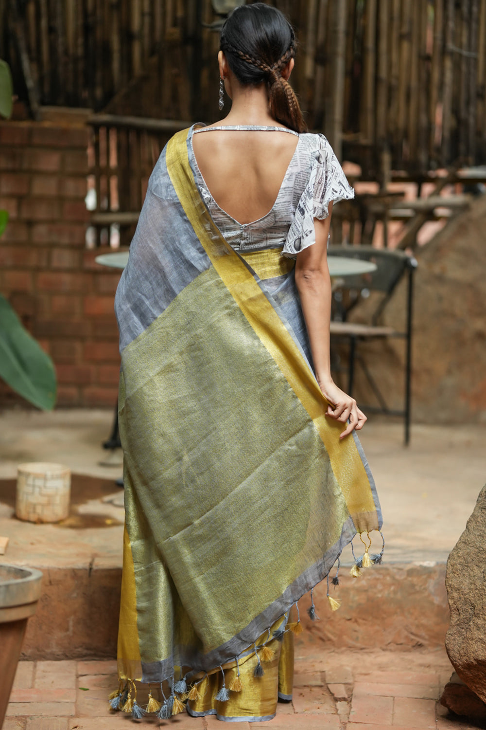 Grey Linen Saree with Gold Border