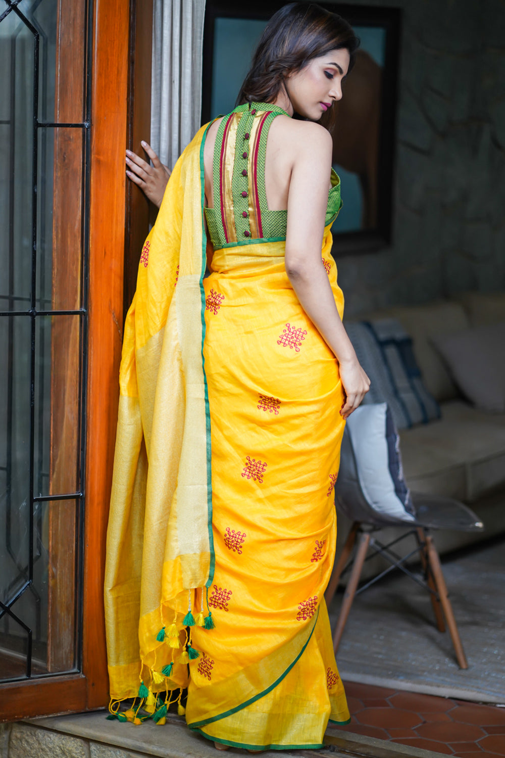 Rangoli Embroidered Border on Pure Linen by Linen Saree in Yellow, Gold and Green