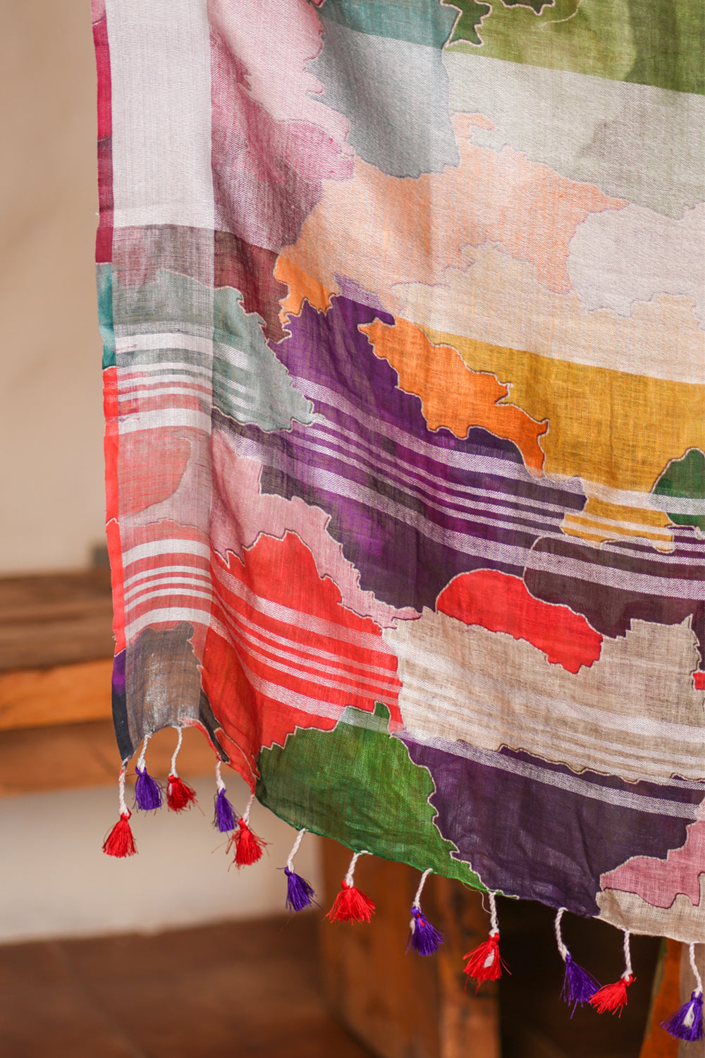 Abstract Print Multicolor Linen by Linen Saree with Zari Border