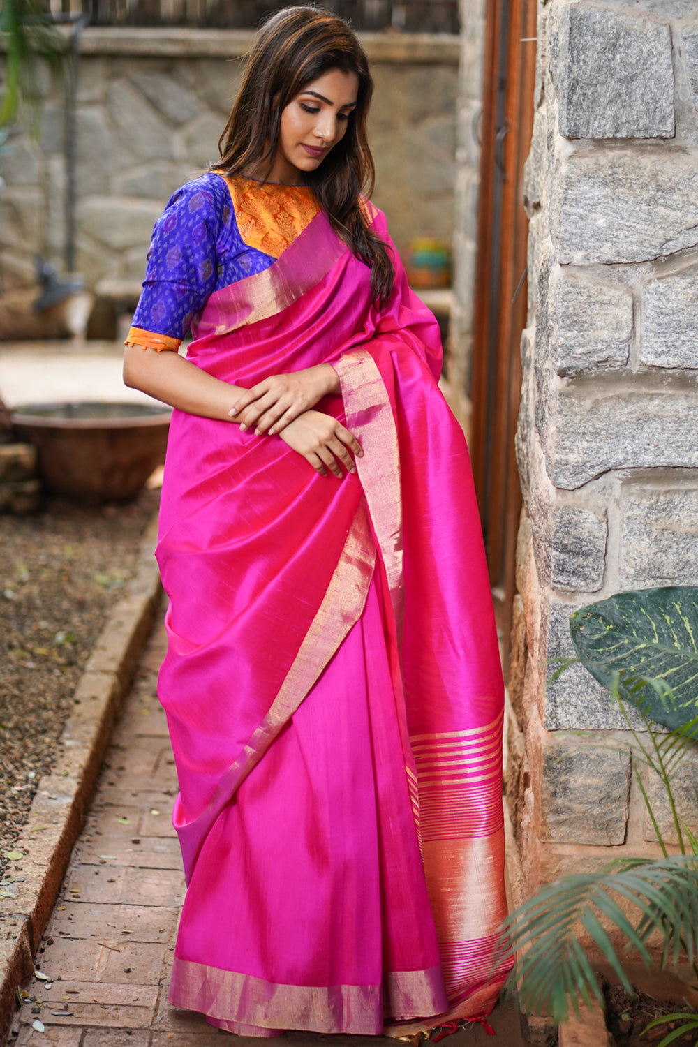 Pure Raw Silk Saree in Rani Pink and Tissue Zari Border | SILK MARK CERTIFIED