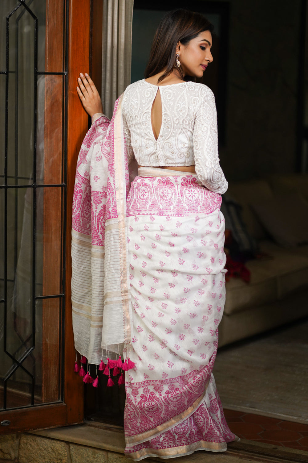 Silk Linen Saree in White with Twin Parrot Design Sanganeri Hand Block Printing
