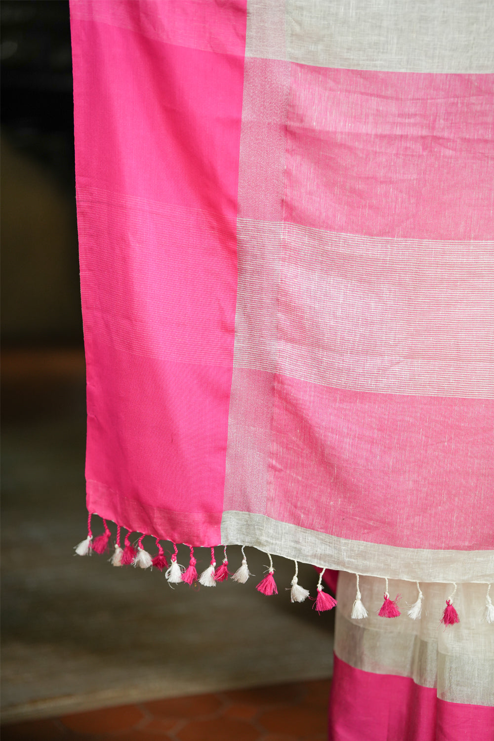 White, Pink and Silver  Pure Linen Saree