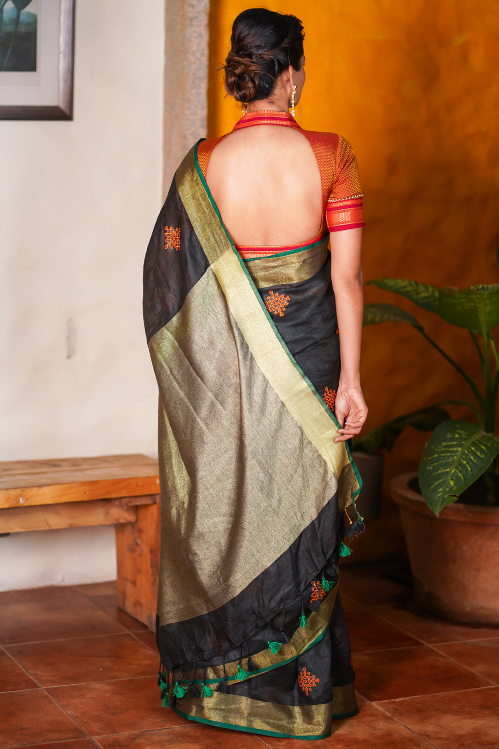 Black Linen by Linen Saree with Vermillion Rangoli Embroidery