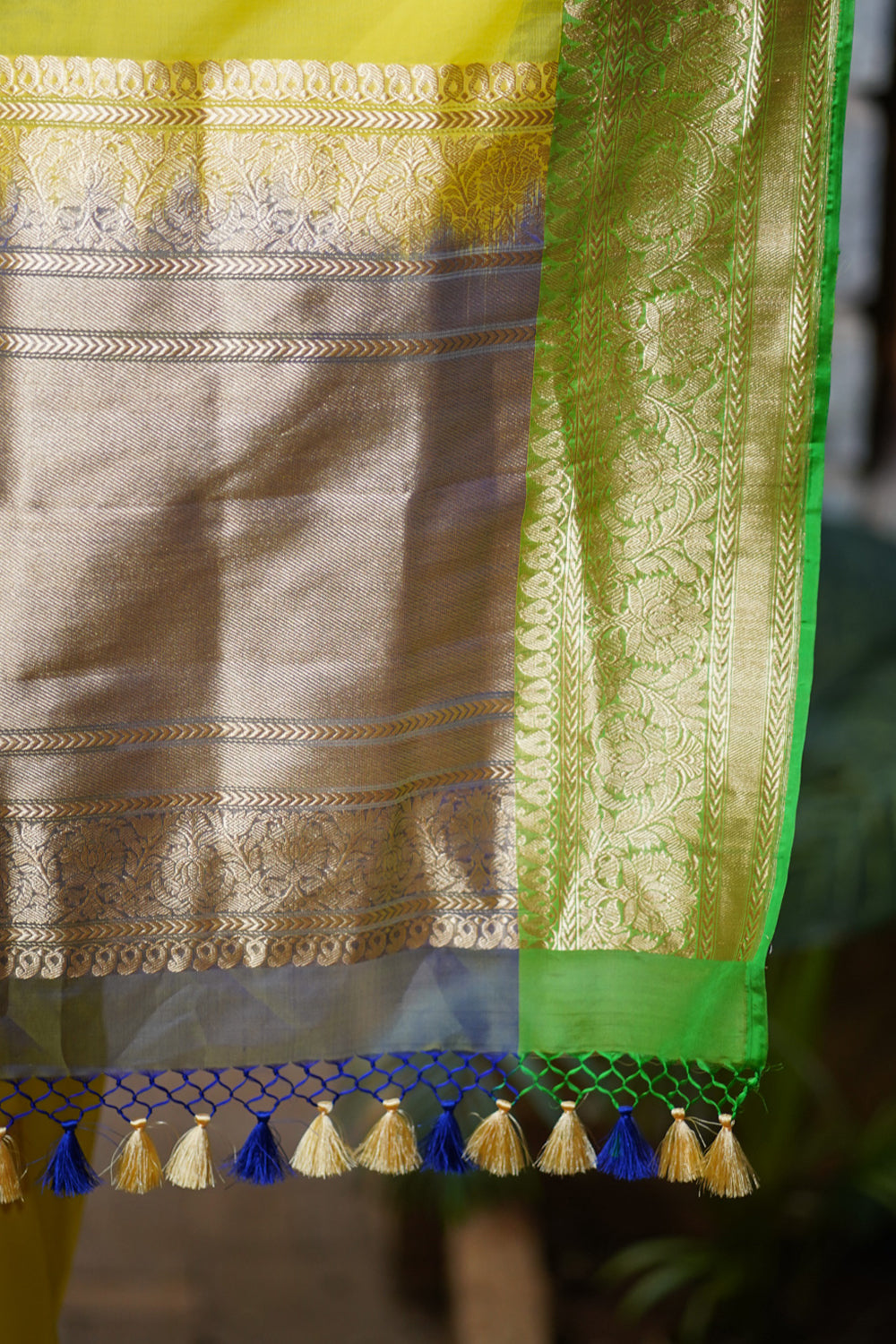 Banarasi Silk Organza Saree in Yellow with Ganga Jamuna Borders