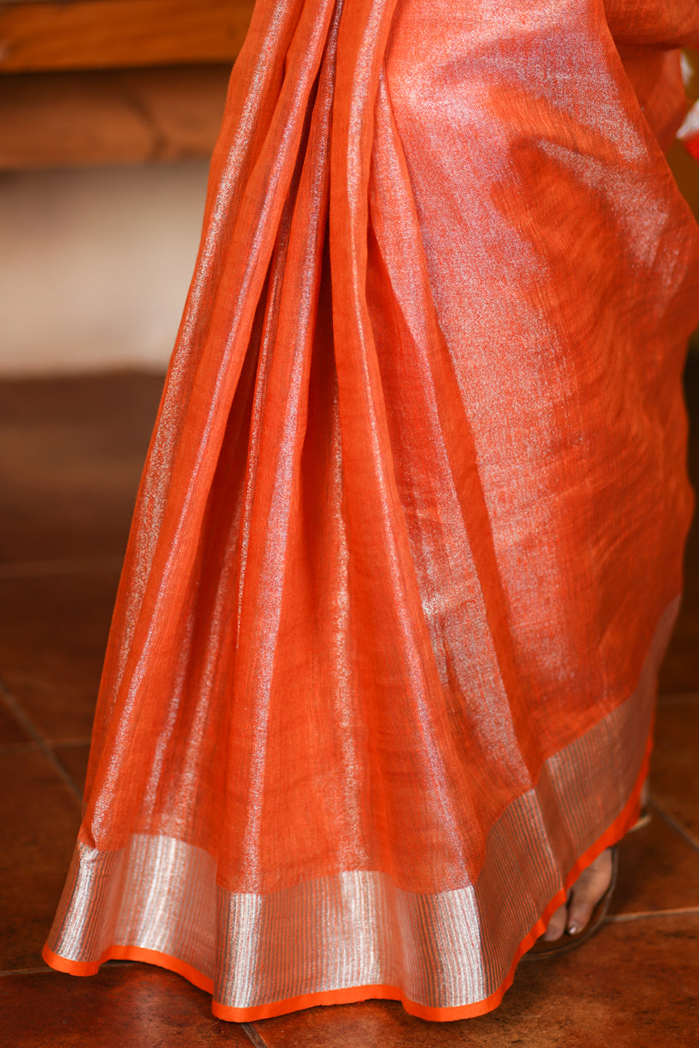 Burnt Orange and Silver Tissue by Linen Saree