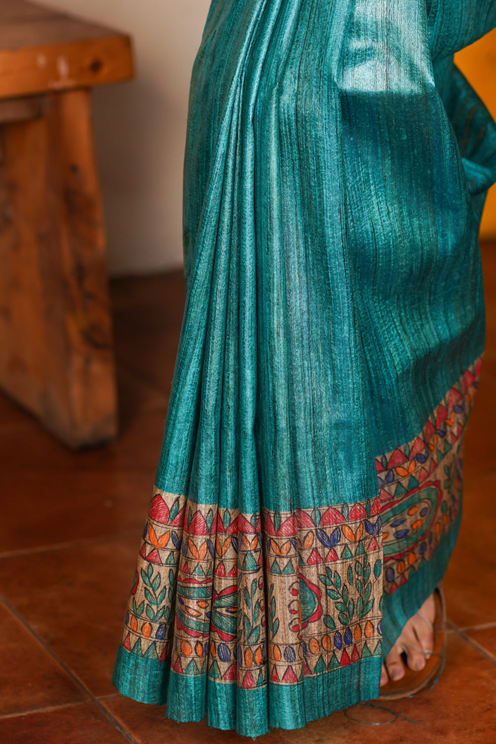 Authentic Madhubani Hand Painted Saree on Pure Tussar Silk in Teal | SILK MARK CERTIFIED