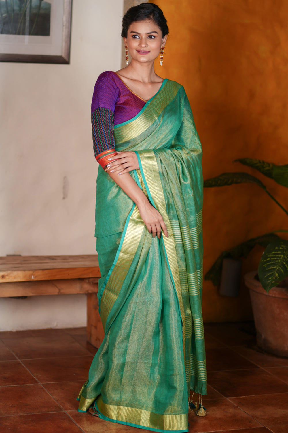 Rama Green and Gold Tissue  Linen Saree