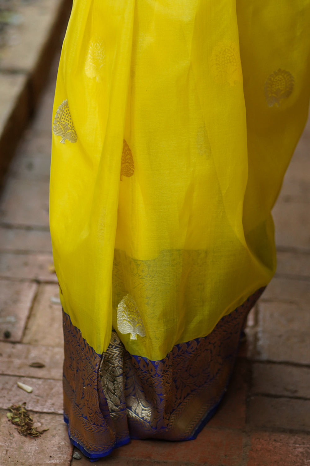 Banarasi Silk Organza Saree in Yellow with Ganga Jamuna Borders