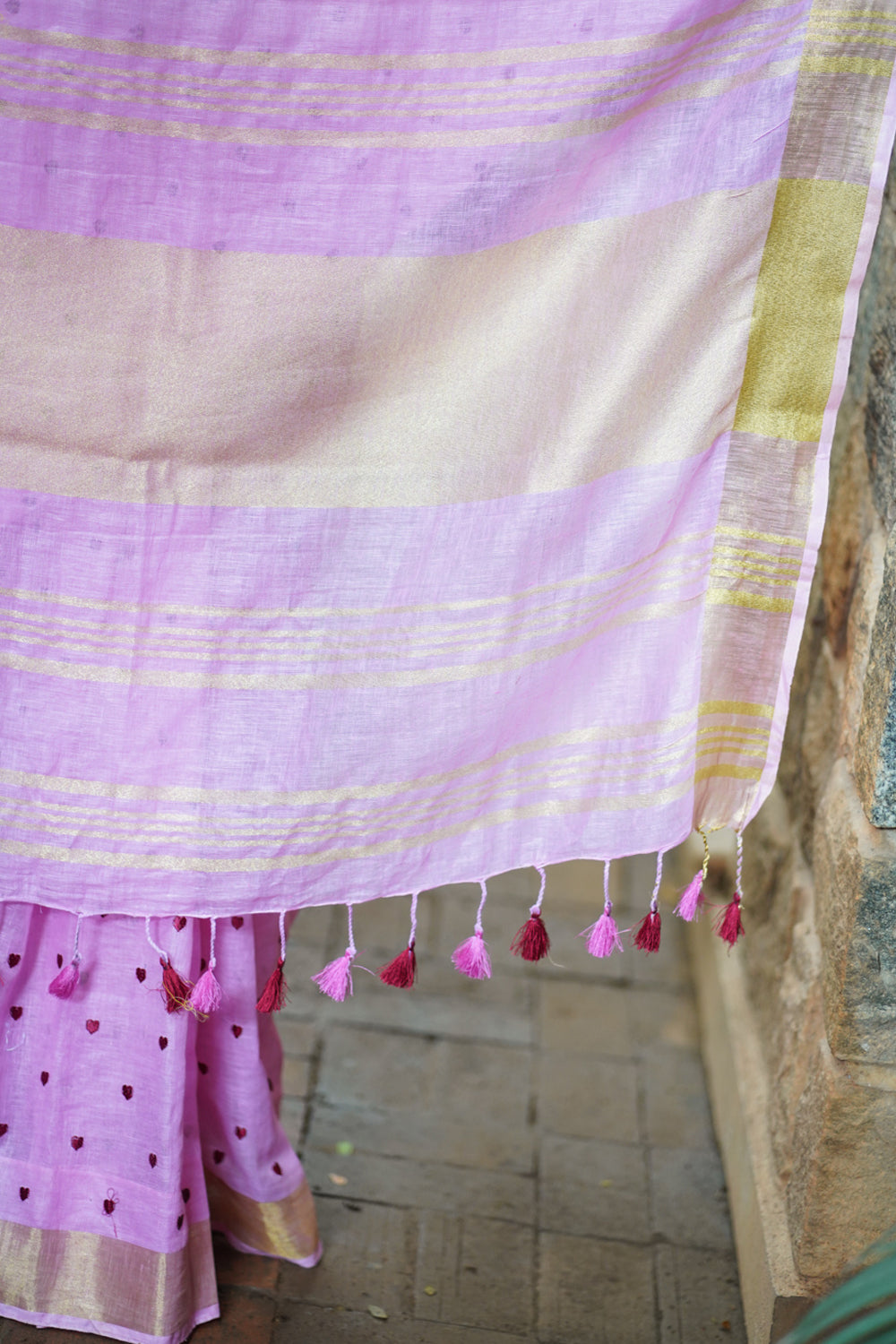 Loving Hearts Embroidered Pink Linen Saree