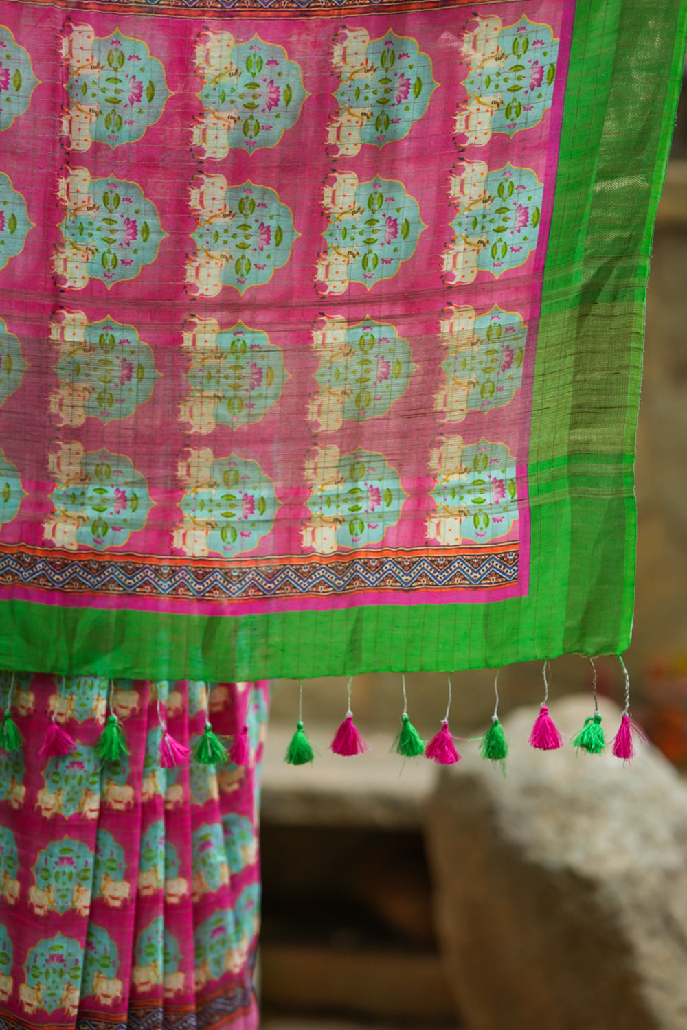 Pink and Green Linen Saree with Pichwai Digital print