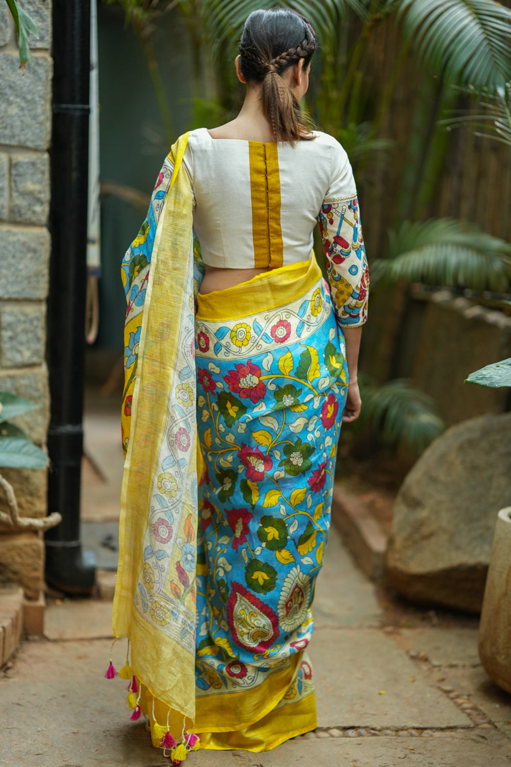 Aqua and Yellow Kalamkari Linen Saree with Digital Print
