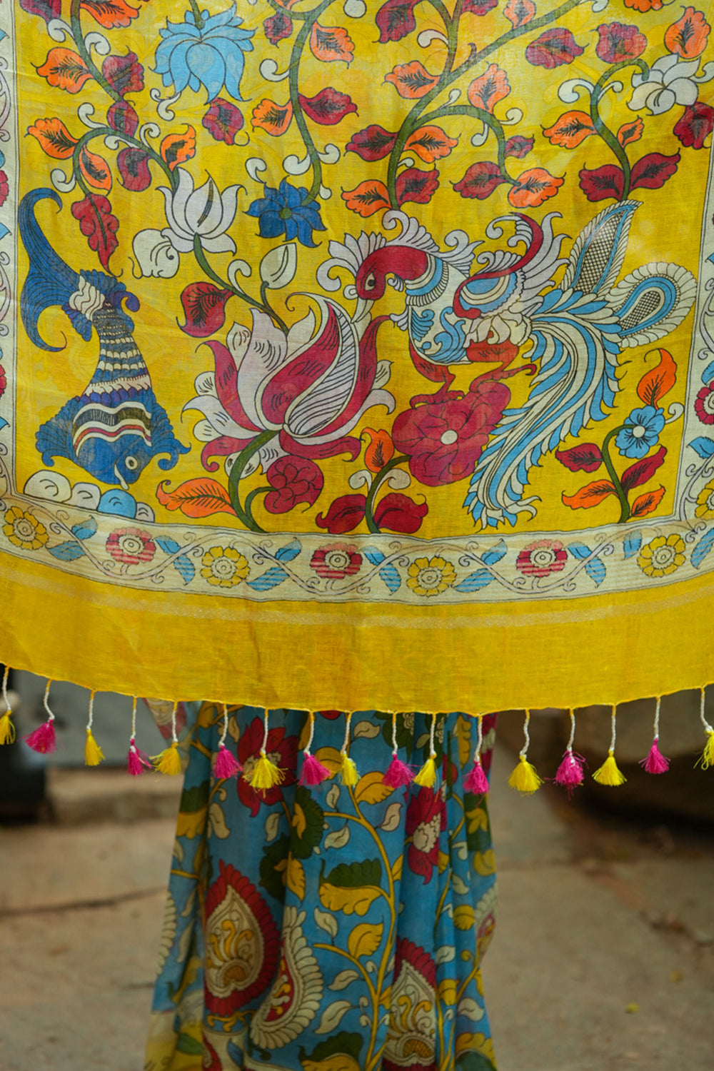 Aqua and Yellow Kalamkari Linen Saree with Digital Print