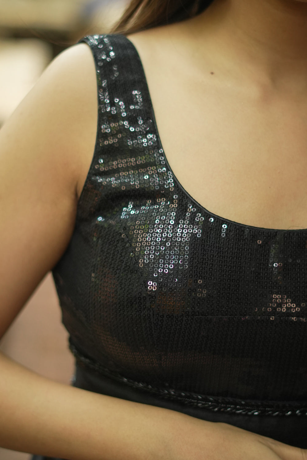 Black sequin U neck blouse with bead detailing
