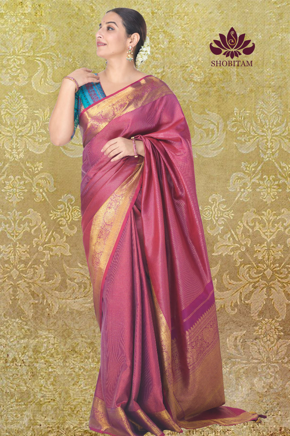 Shimmering Celebrity Special Zari Checks Pure Silk Kanjivaram Pure Silk Saree in Deep Pink | SILK MARK CERTIFIED
