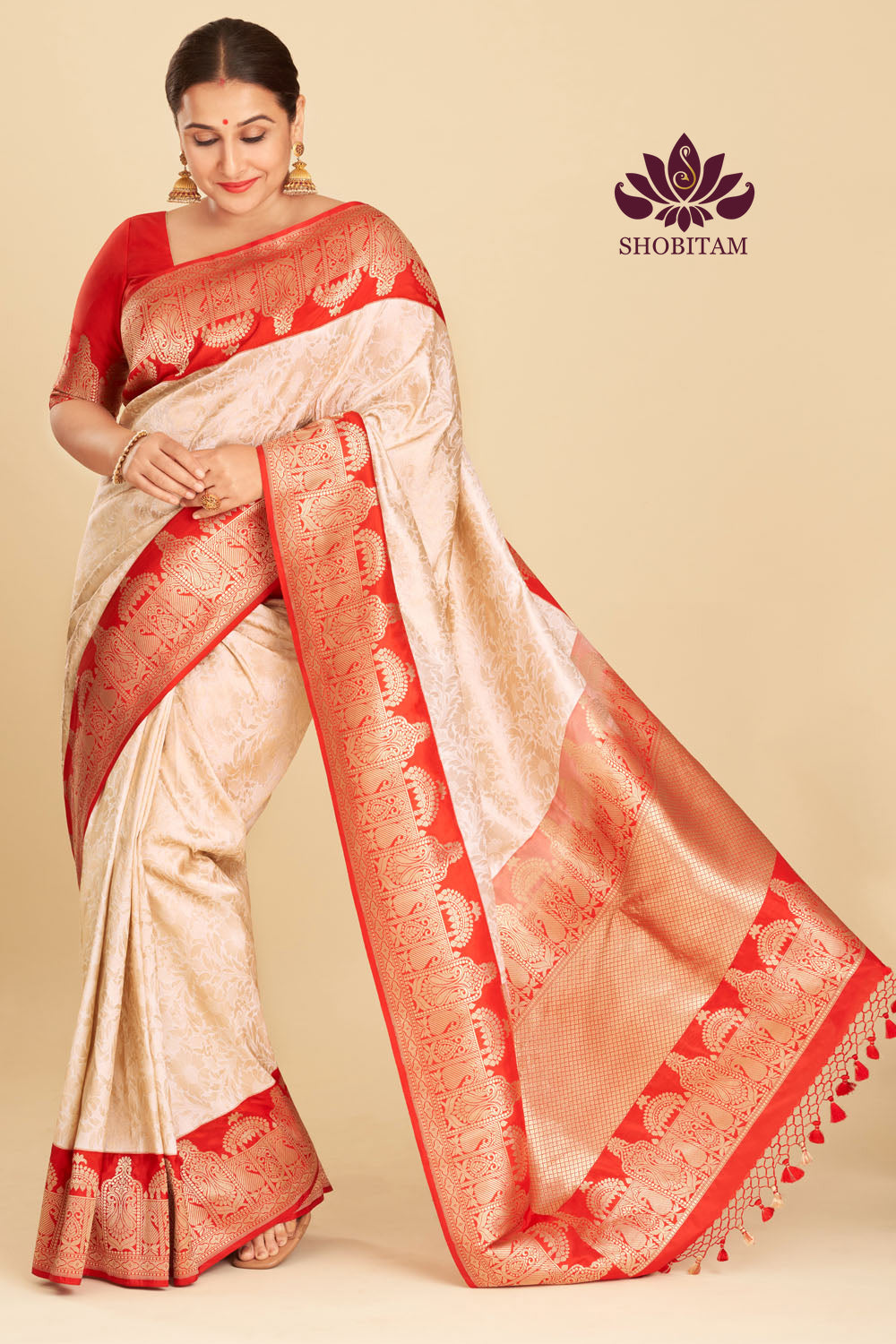 Exquisite Celebrity Brocade Banarasi Pure Katan Silk Saree in Ivory, Red & Gold with Dome Shaped Kadhiyal Borders | SILK MARK CERTIFIED