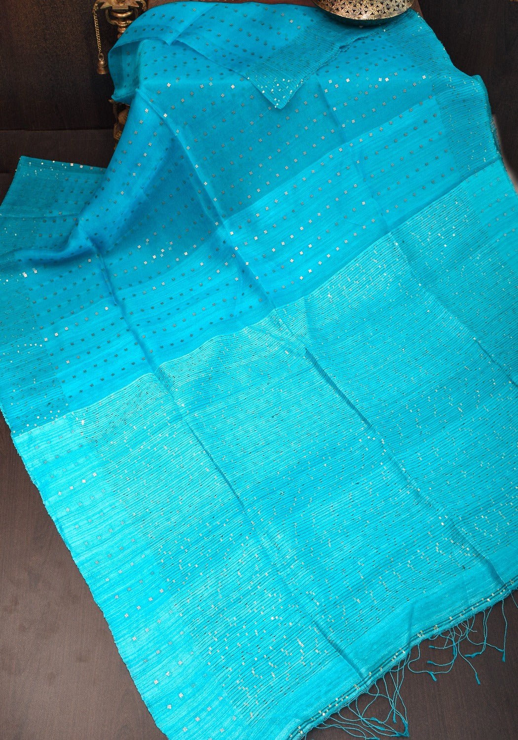 Blue Sequins on Muslin Saree with sequins thread detail at border with blouse