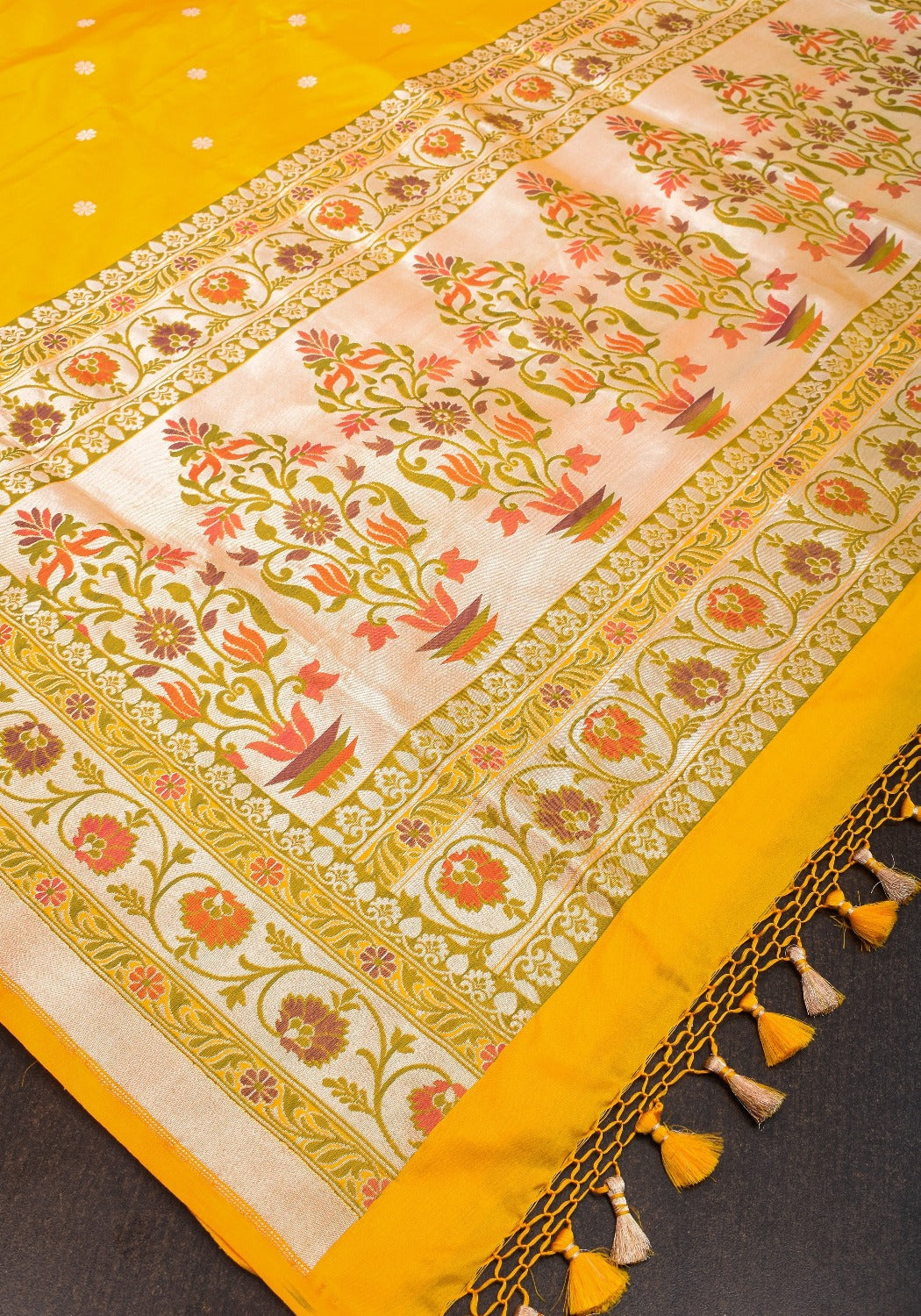 Exquisite Banarasi Katan Silk Saree in Yellow with Paithani Style Border | SILK MARK CERTIFIED