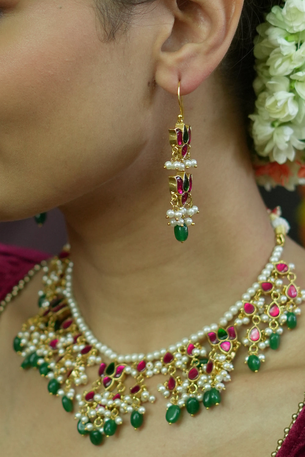 Lotus design Dense Jadau Necklace Set with Green Dangling beads