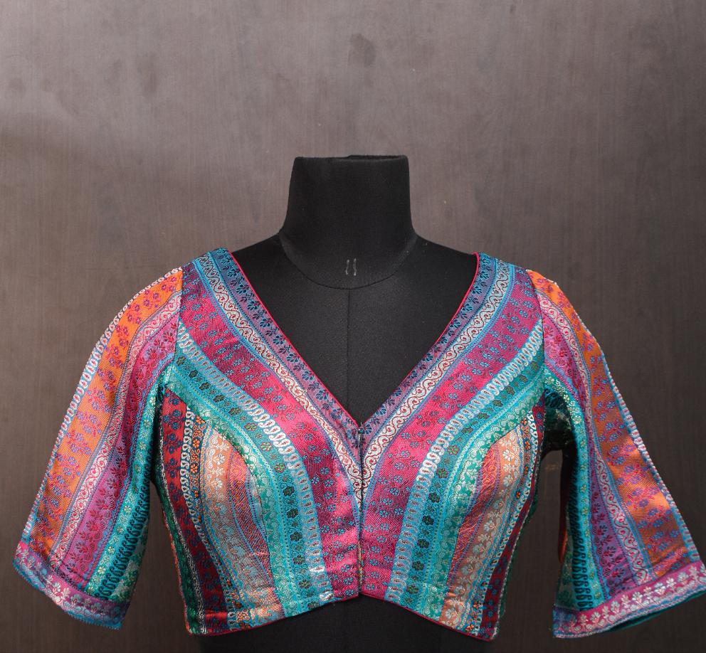 Multicolor Blouse in Banarasi Brocade Fabric with V Neck