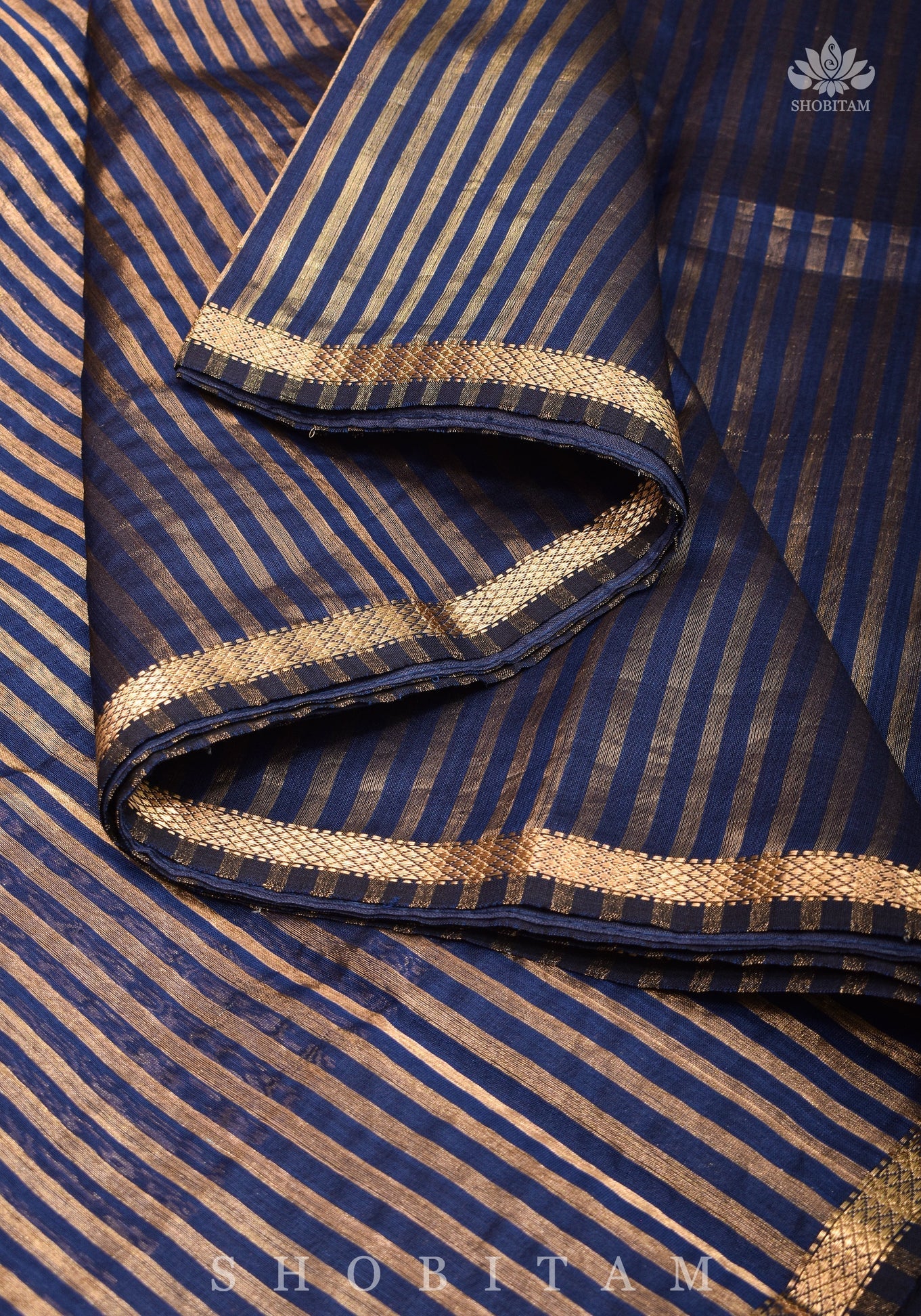 Deep Ink Blue Handwoven Vertical Zari Stripes Maheshwari Silk Cotton Saree