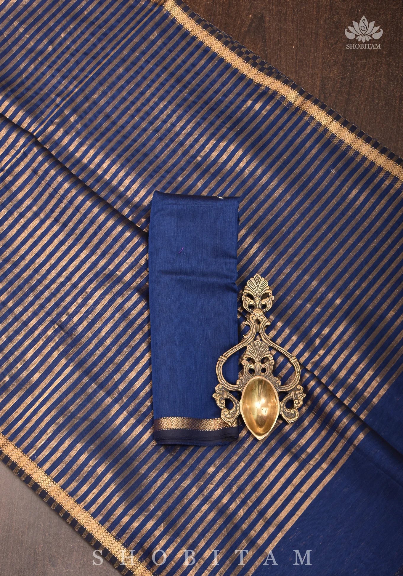 Deep Ink Blue Handwoven Vertical Zari Stripes Maheshwari Silk Cotton Saree