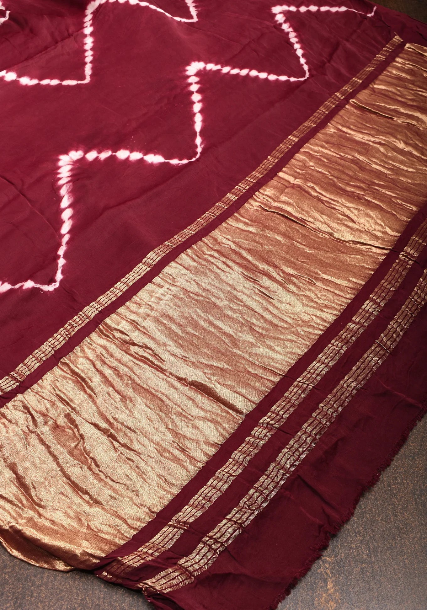 Hand Shibori Dye on Reddish Maroon Modal Silk Saree with Crushed Pallu, No Blouse Piece