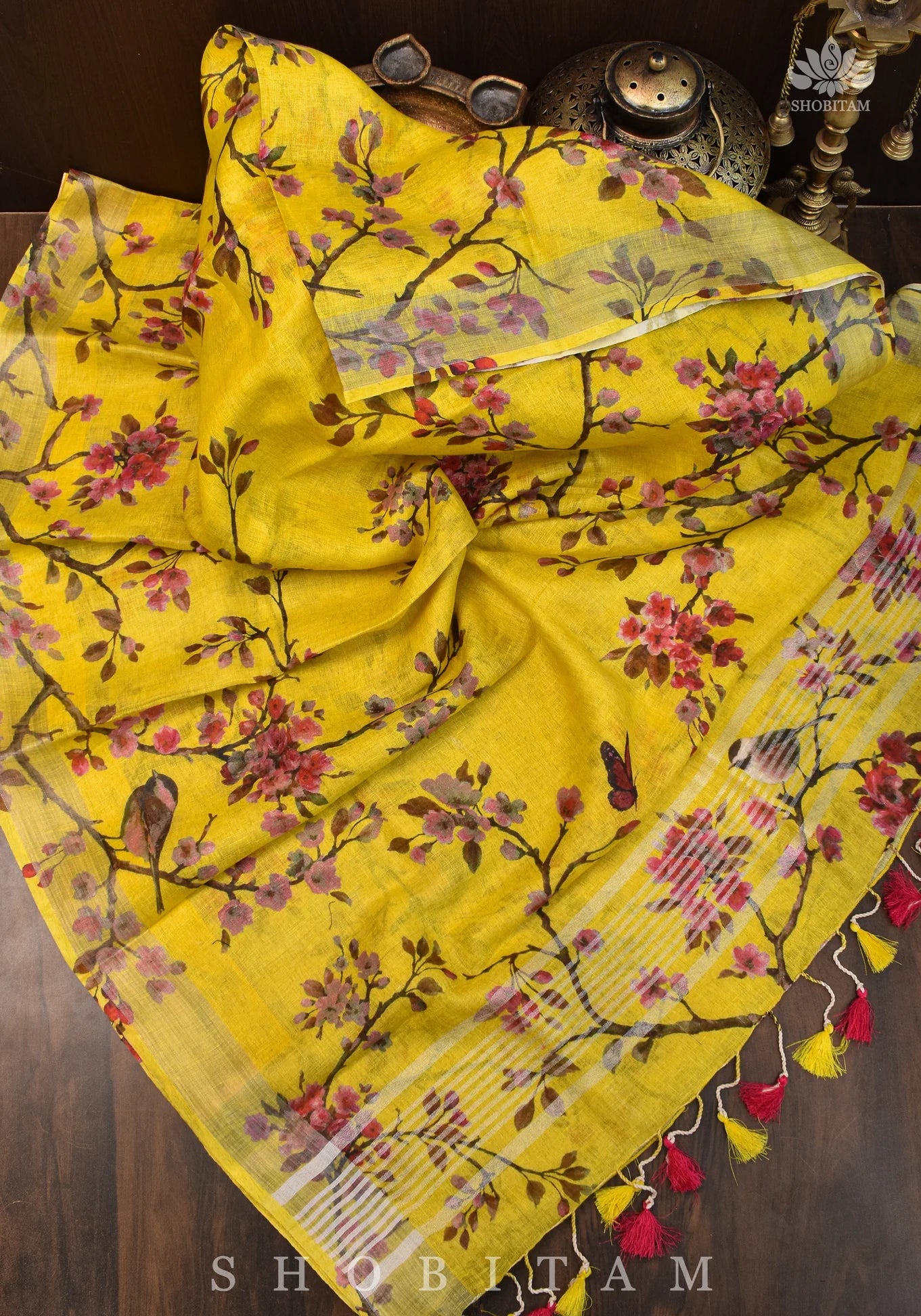 Vidya Balan Yellow Floral Linen Saree with Silver Border | Shobitam Saree