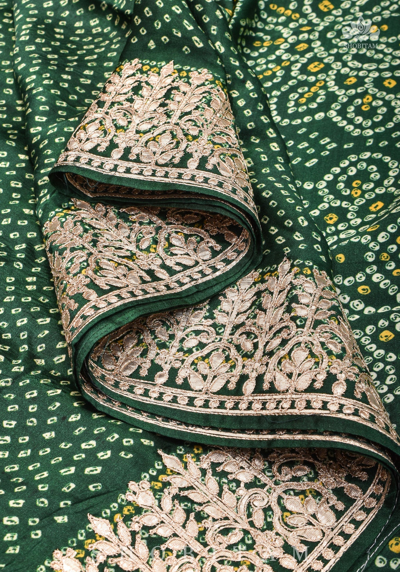 Vidya Balan Bottle Green Gajji Silk Saree with Bandhni Digital Print and Gotta patti borders
