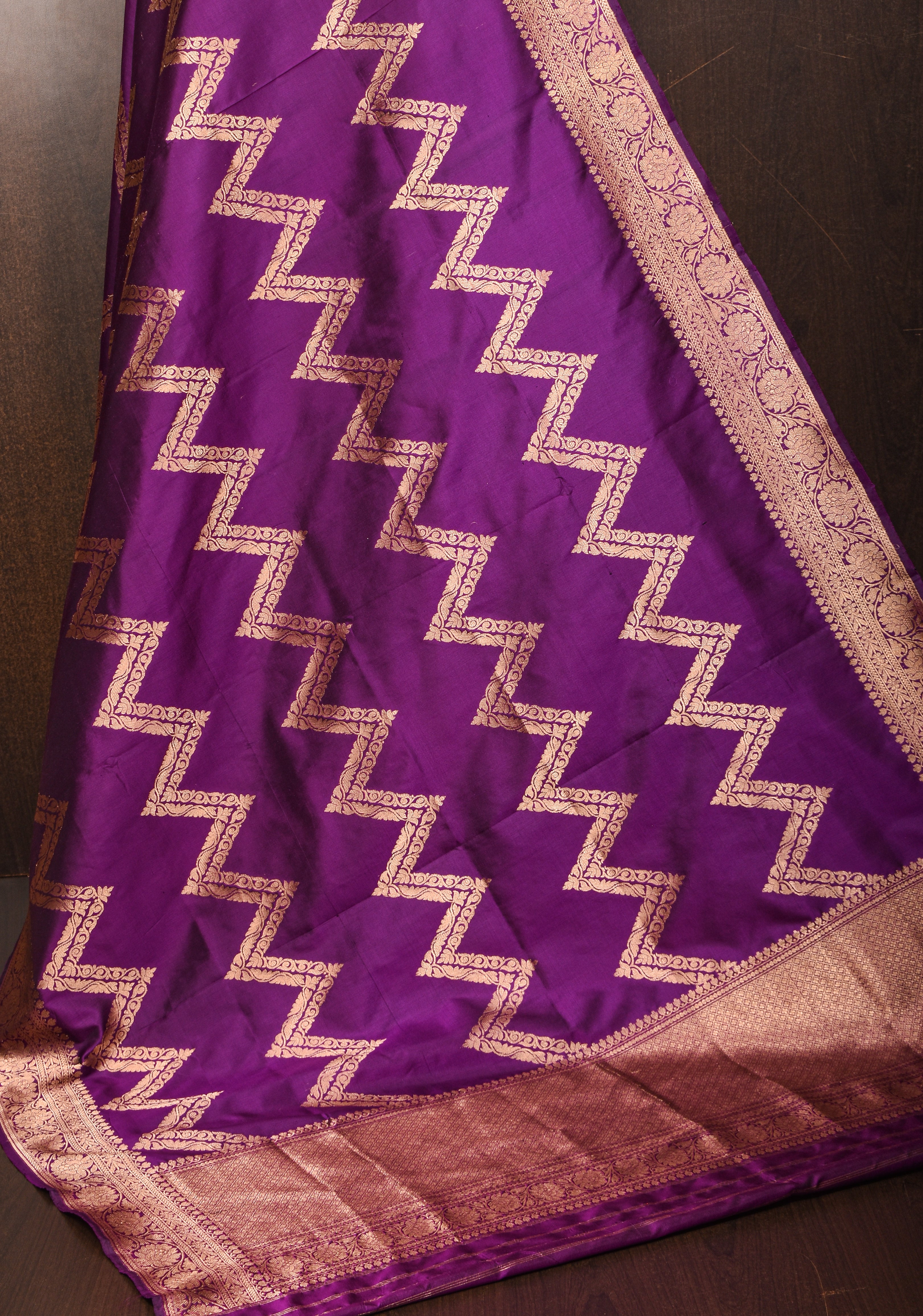 Dupatta - Banarasi Dupatta in Purple With Chevron Jaal | SILK MARK CERTIFIED