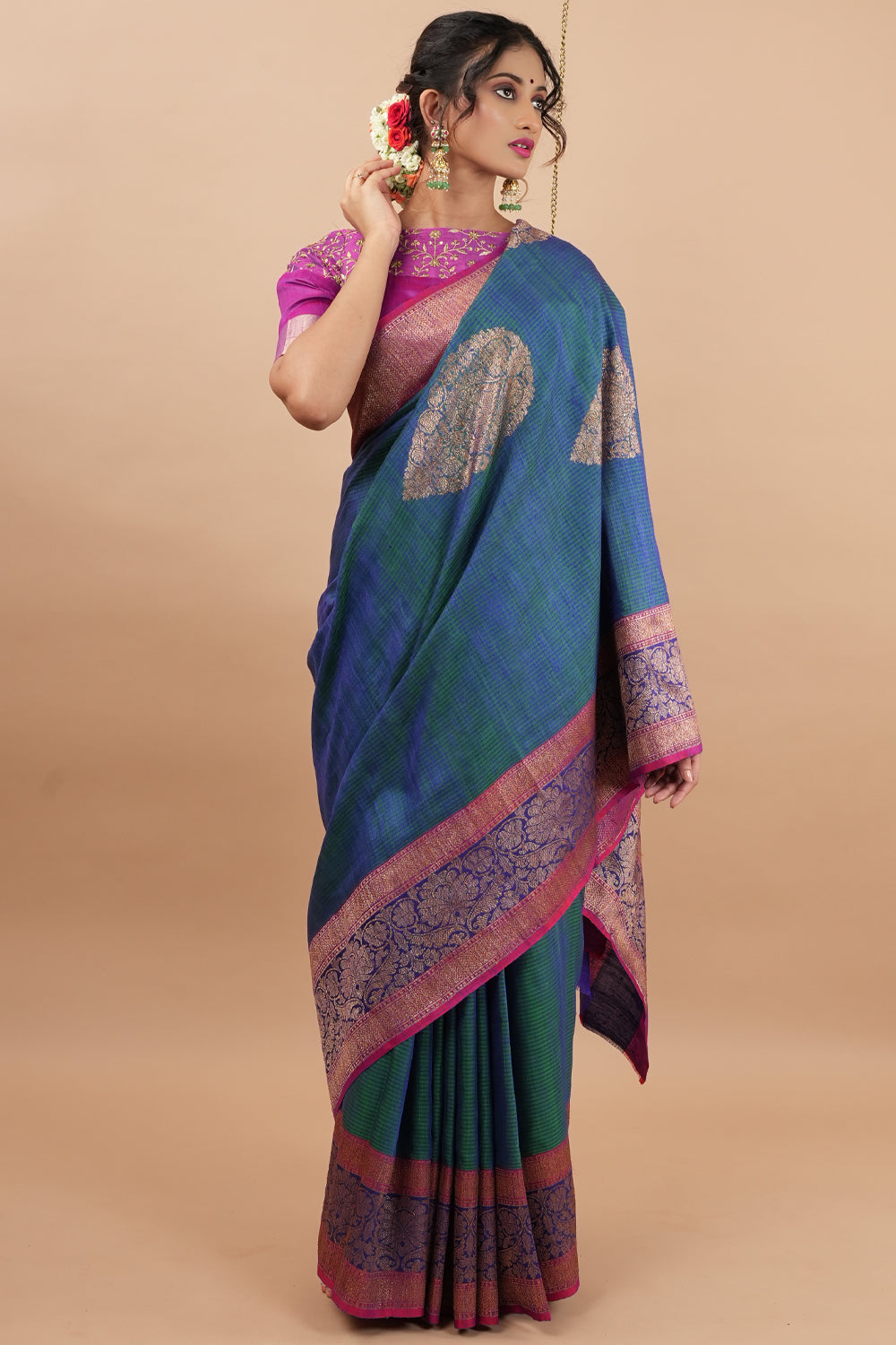 Teal Dupion Banarasi Silk Saree with Two Tone Border and large Antique Damask Motifs in shoulder area |SILK MARK CERTIFIED