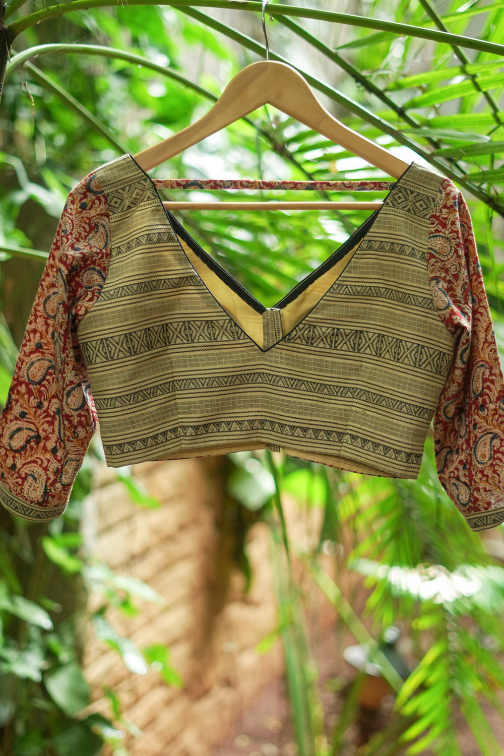 Beige handloom cotton and block print kalamkari V neck blouse