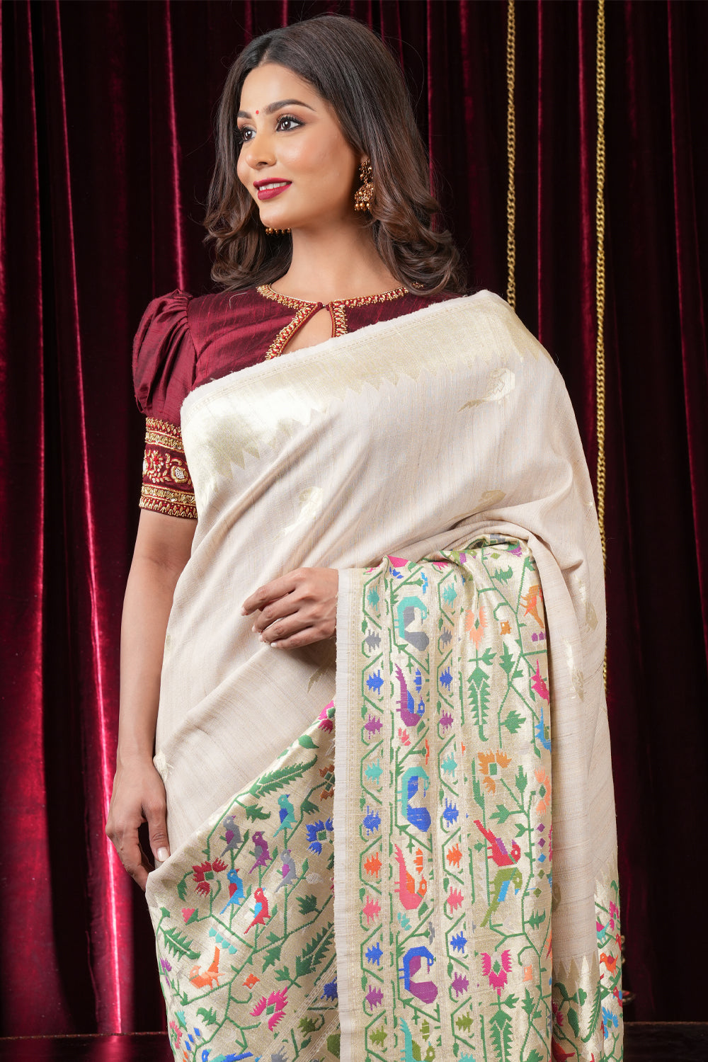 Exquisite Pure Tussar Georgette Silk Saree with Paithani style skirt Border in natural Color | SILK MARK CERTIFIED