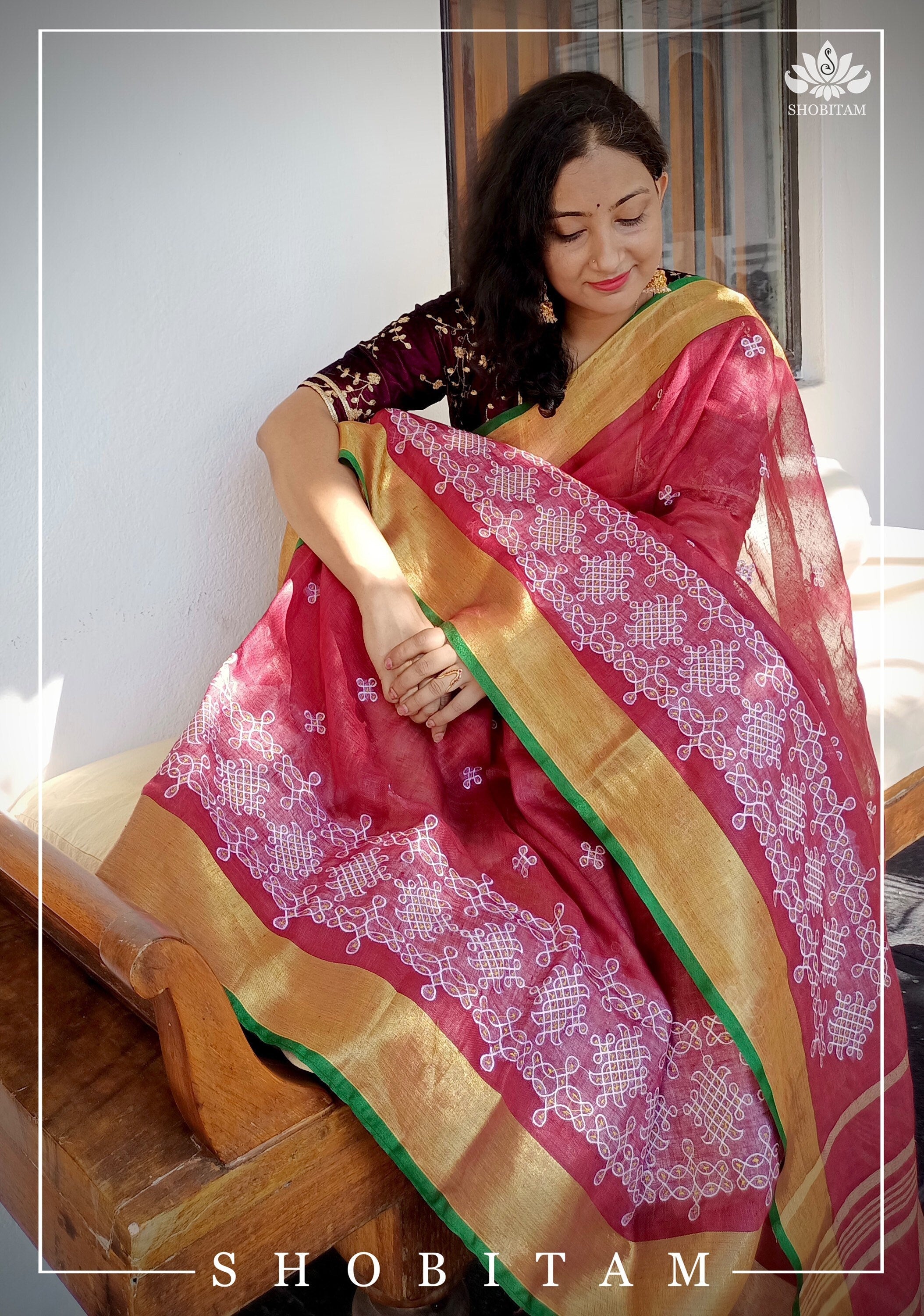 Rangoli Embroidered Border on Pure Linen by Linen Saree | Sarees by Shobitam