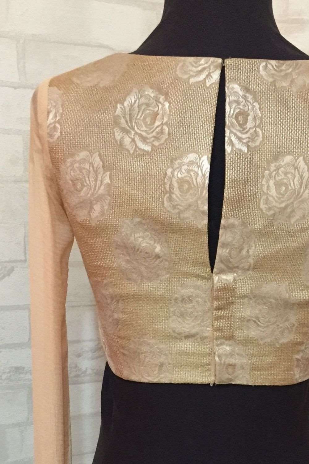 Beige jute silk blouse with embellished  yoke and sheer sleeves. - House of Blouse