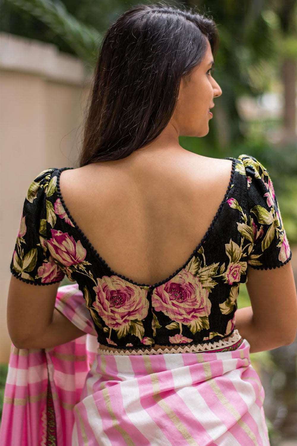 Black floral boatneck handspun & pure muslin blouse with puff sleeves - House of Blouse