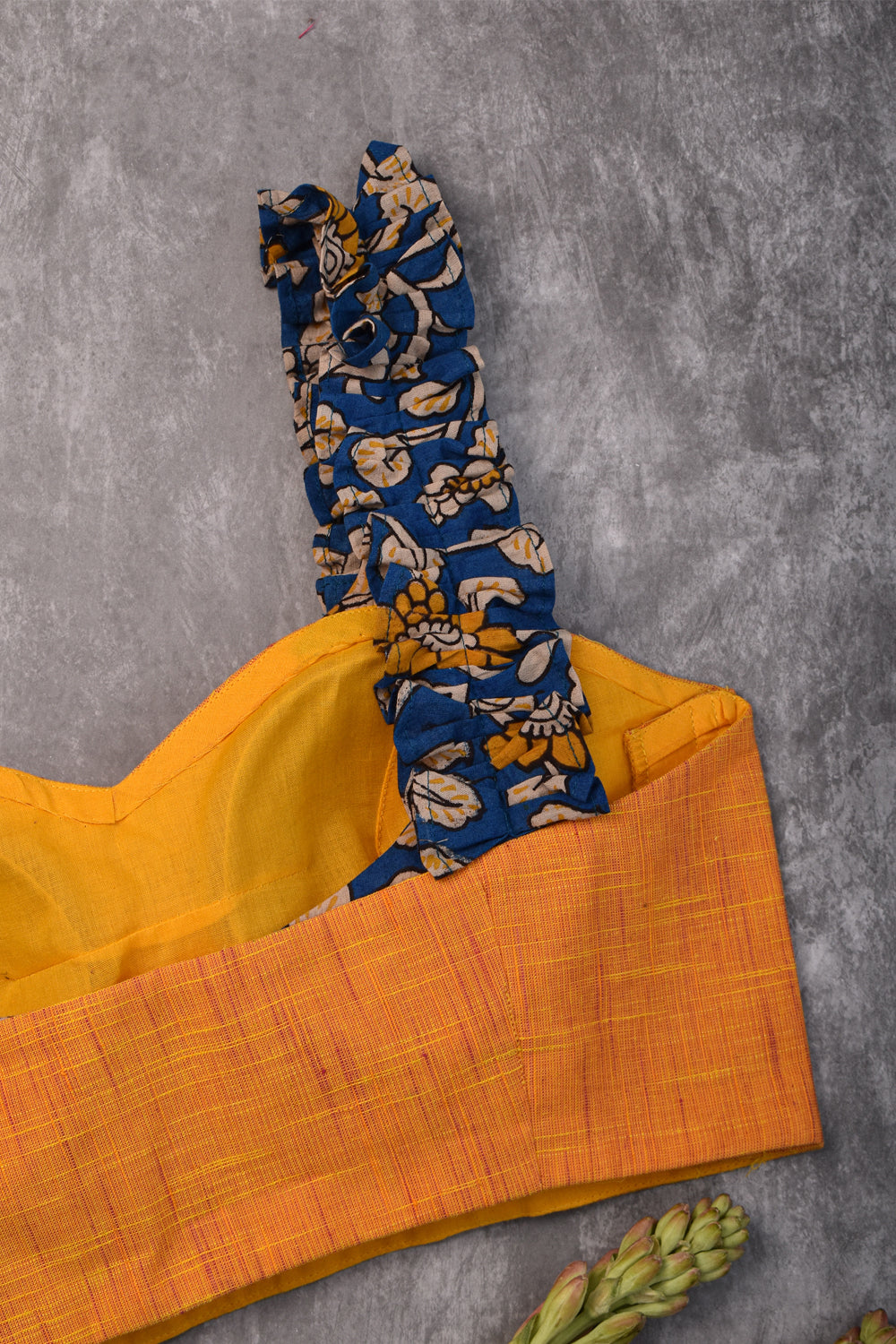 Yellow Handloom Swt Heart Neck Blouse with Blue Kalamkari Strap