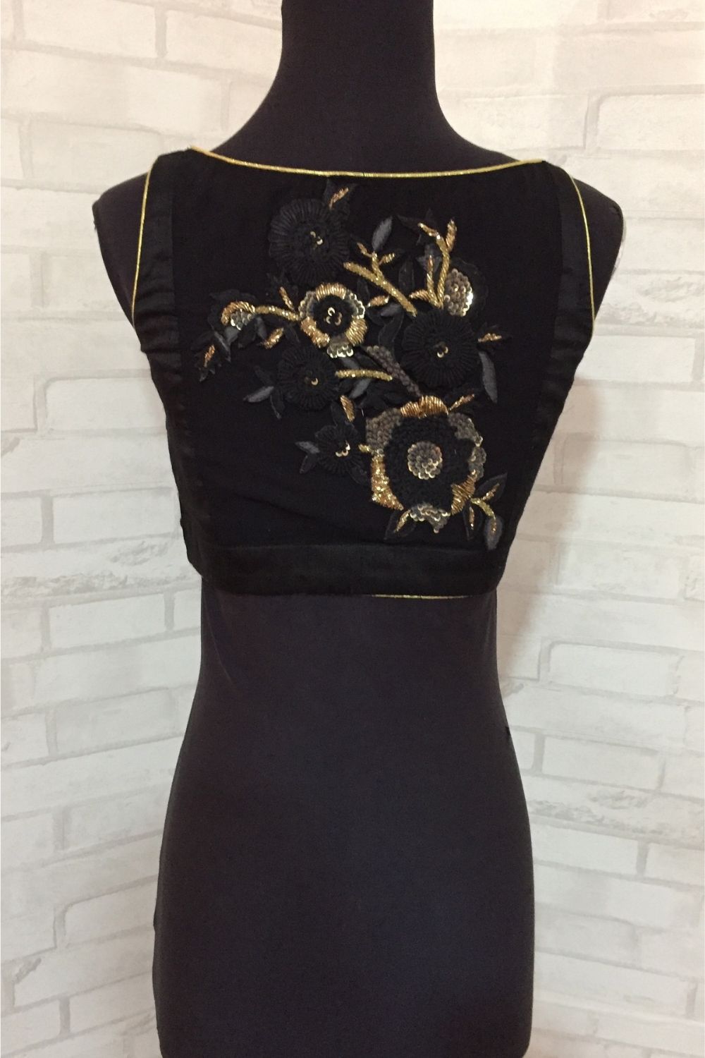 Black raw silk sweet heart neck blouse with a embroidered sheer back - House of Blouse