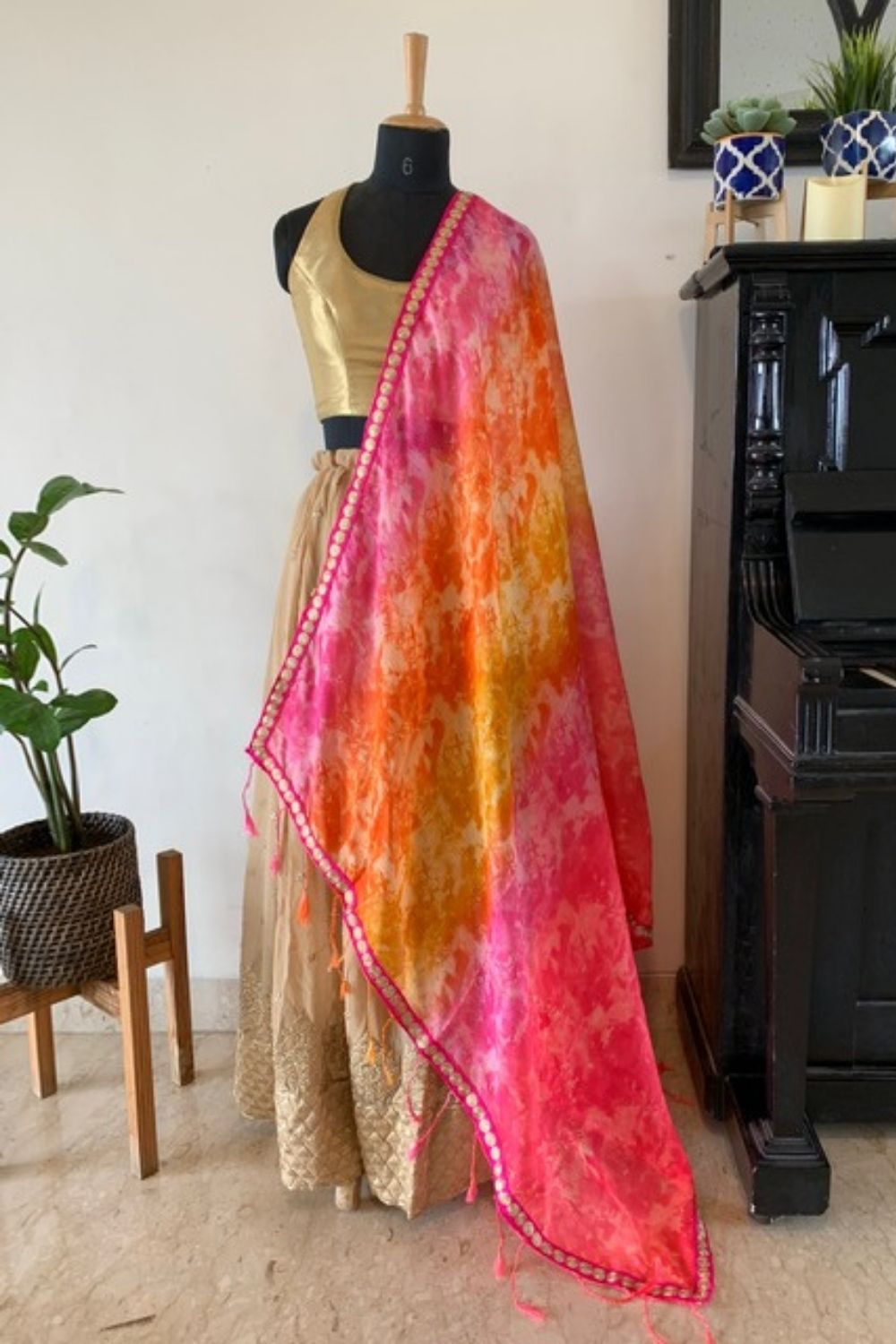 Pink, yellow and orange shibori shaded Kota dupatta with pink and gold border